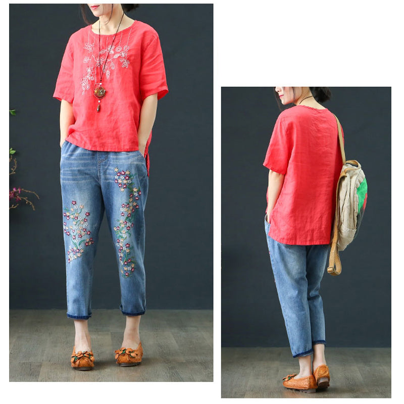 Retro Style Embroidered Loose Jeans