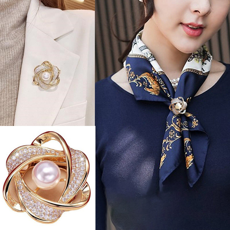 Women's Elegant Pearl Floral Scarf Ring Clip