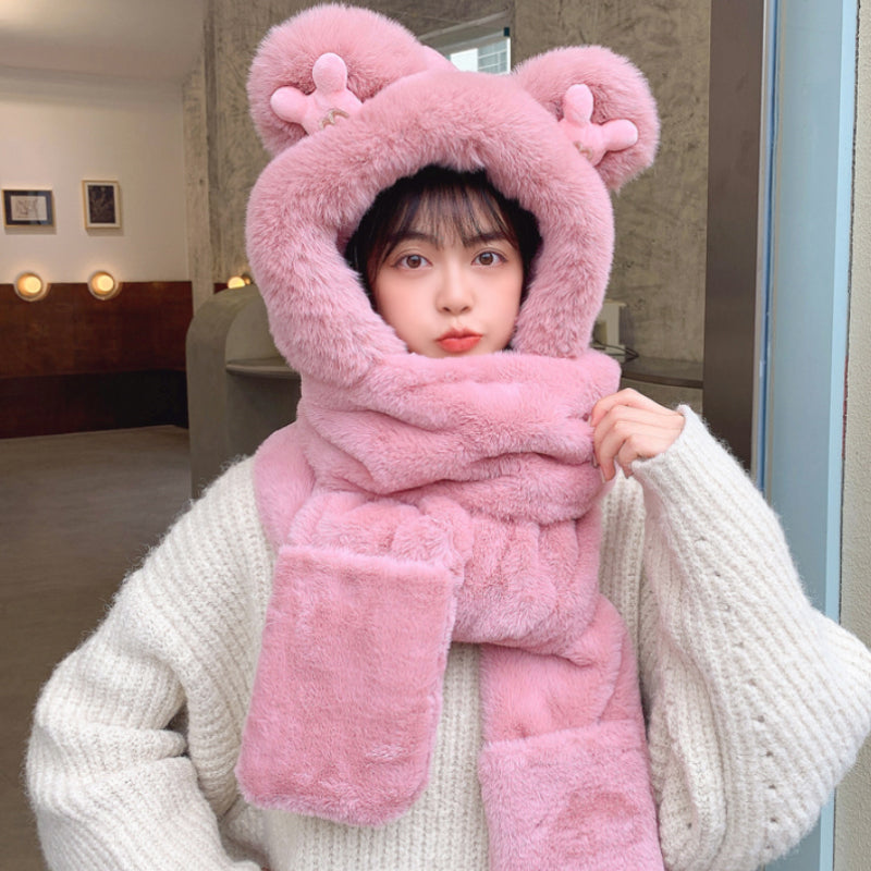 Warm Bear Hoodie Hat/Scarf/Gloves Set for Women