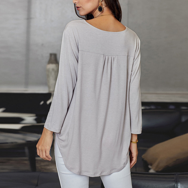 V-Neck Long Sleeve Pleated Loose Chiffon Shirt
