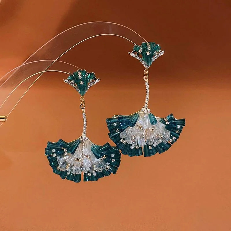 Diamond Encrusted Crystal Fan-Shaped Ginkgo Leaf Earrings