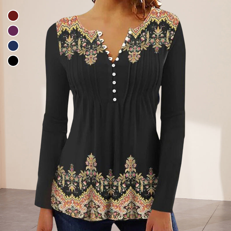 Round Neck Button Print Long Sleeve Top