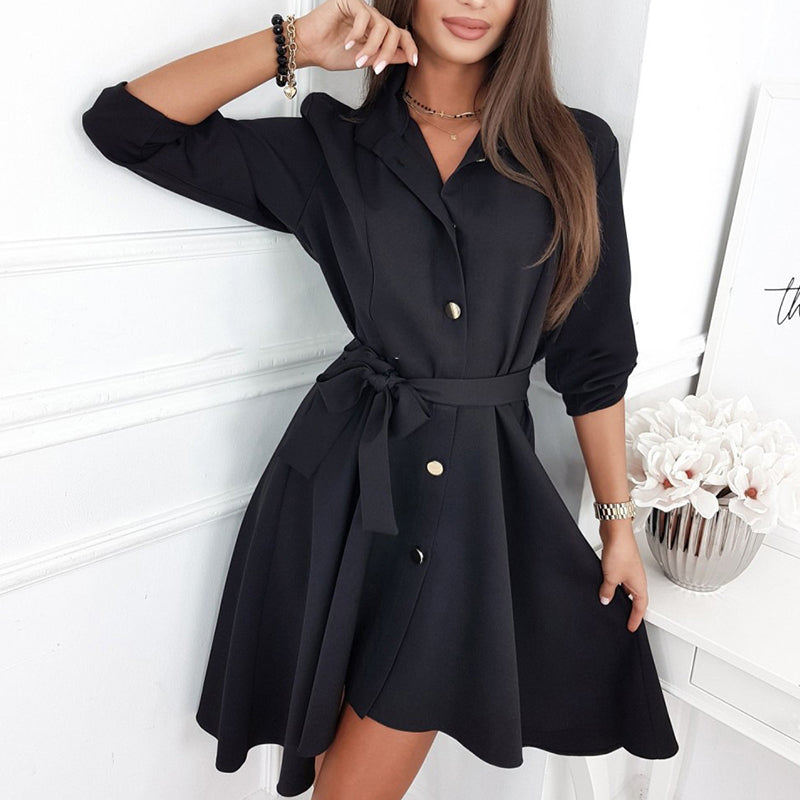 Solid Color Waist Button Belt Dress