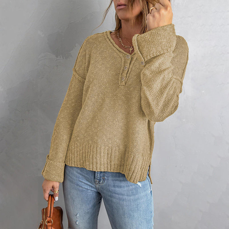 Button Knit Dropped Shoulder Sweater
