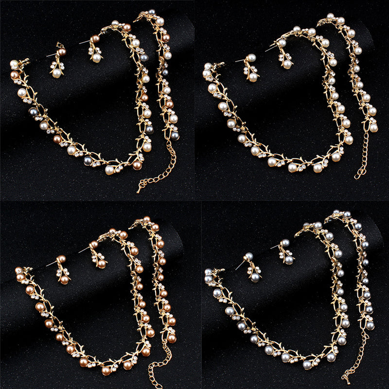 Three-Piece Pearl Earring Necklace Bracelet