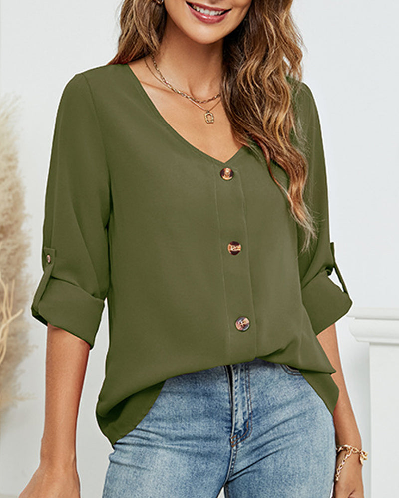 Solid V-Neck Button-Up Shirt