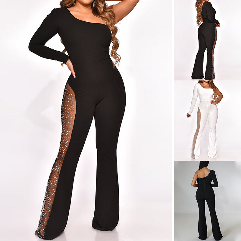 One Shoulder Sequined Mesh Paneled Party Jumpsuit