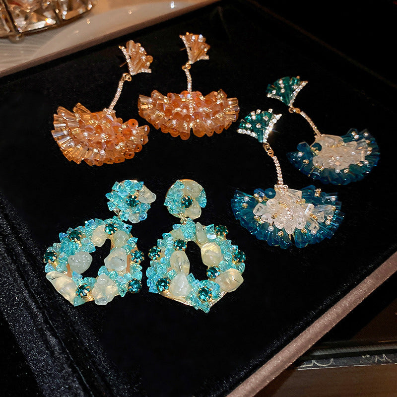 Diamond Encrusted Crystal Fan-Shaped Ginkgo Leaf Earrings