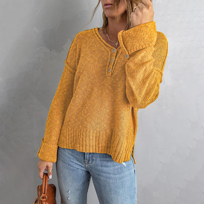 Button Knit Dropped Shoulder Sweater