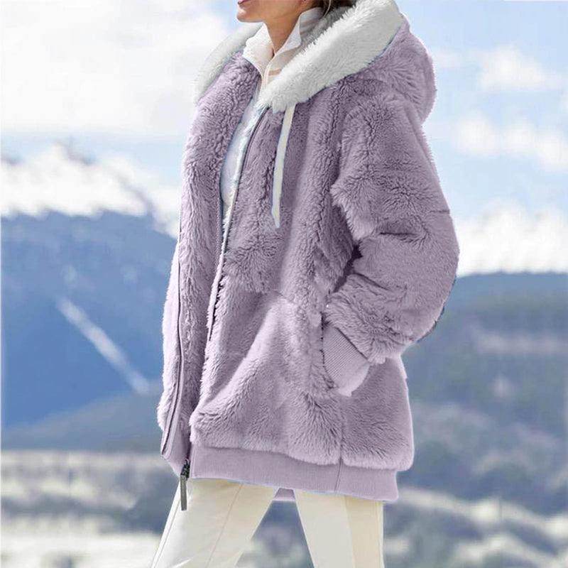 Women Loose plush zipper hooded jacket