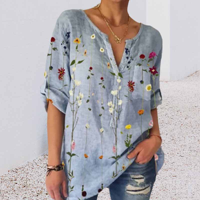 Loose Print V-Neck 3/4 Sleeve Shirt