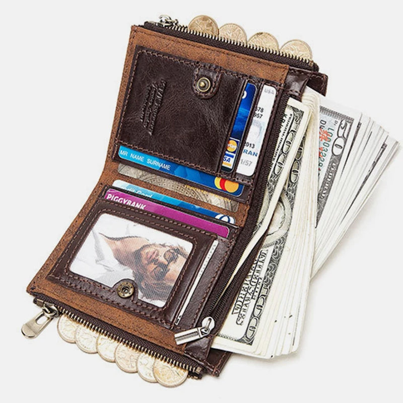 Vintage RFID PU Leather Bifold Coin Wallet With Chain