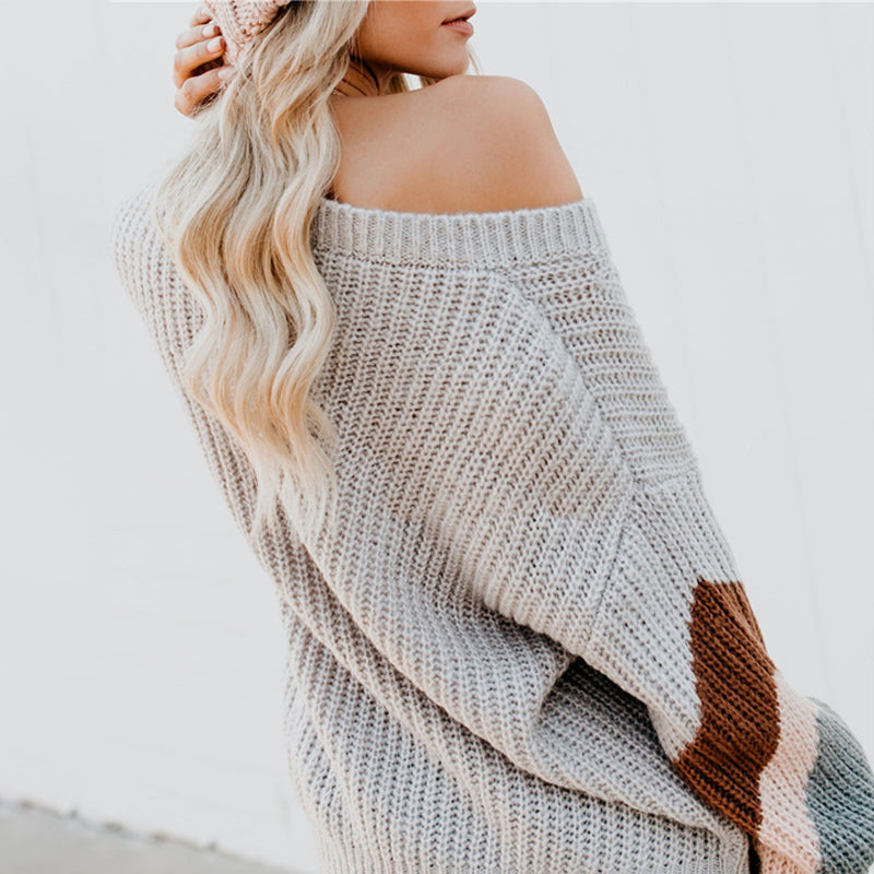 V-Neck Balloon Sleeve Striped Colorblock Knit Sweater