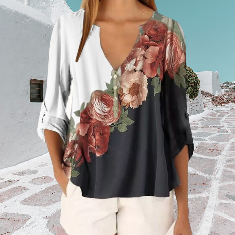 V-neck Printed Chiffon Shirt
