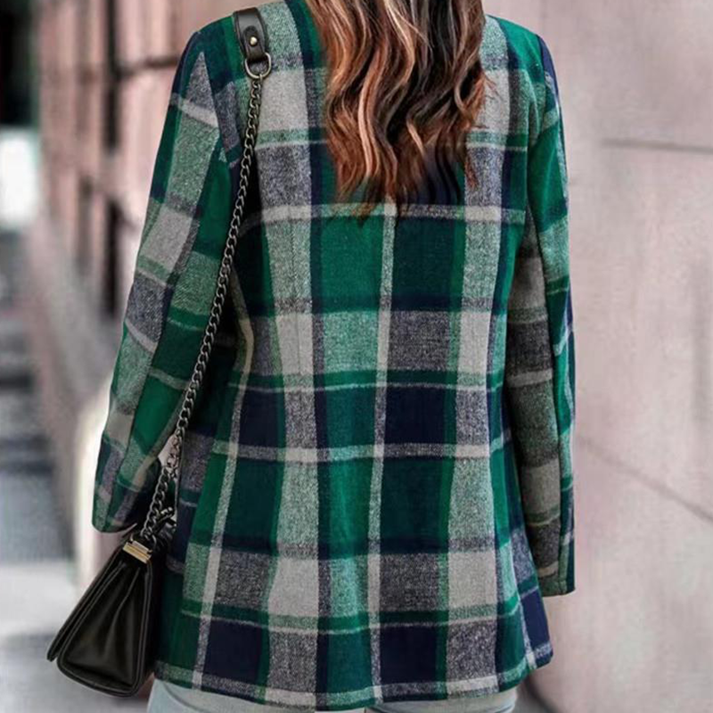 Check Print Long Sleeve Pocket Wool Jacket