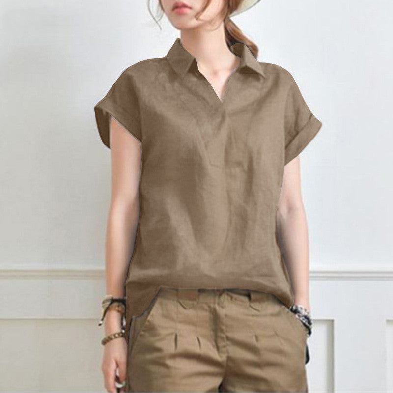 Elegant Loose V-neck Cotton Linen Short Sleeve Shirt