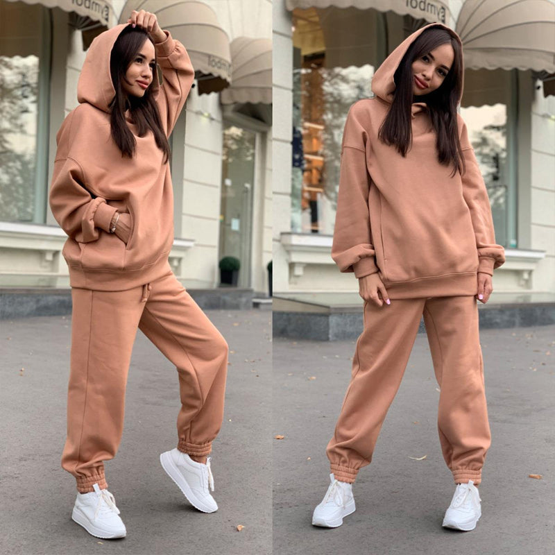 Women's Autumn/Winter Solid Color Hoodie Two Piece Set