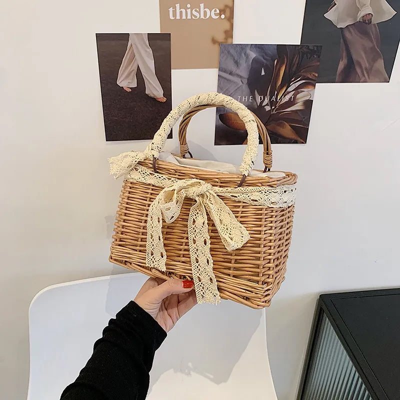 Faux Pearl Handle Straw Square Bag