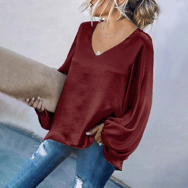 V-Neck Satin Long Sleeve Shirt