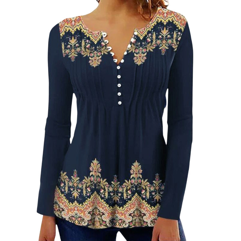 Round Neck Button Print Long Sleeve Top