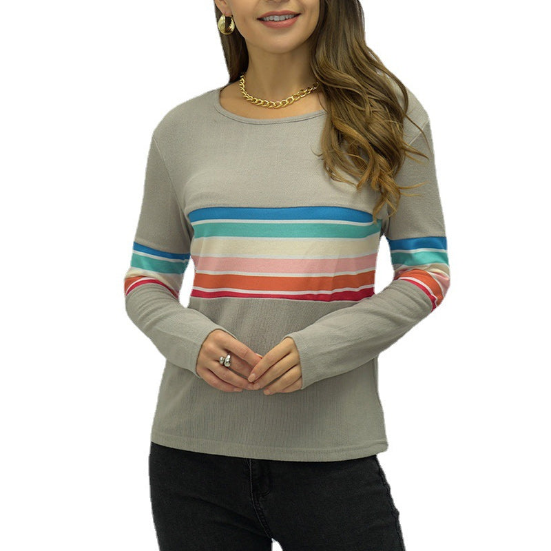 Crew Neck Long Sleeve Rainbow Stripe Panel T-Shirt