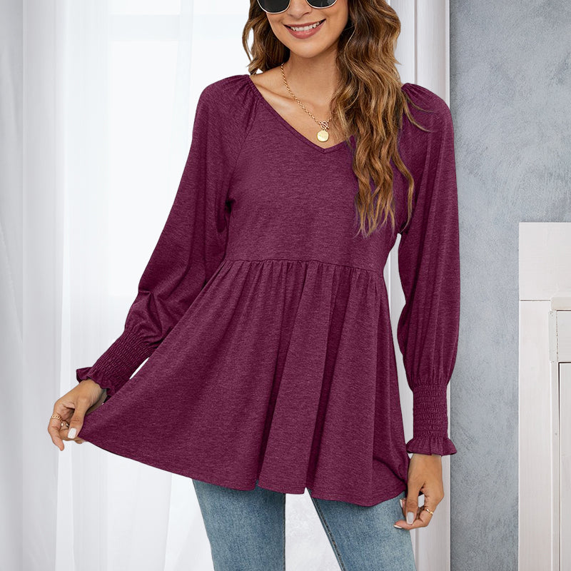 V-Neck Puff Long Sleeve T-Shirt