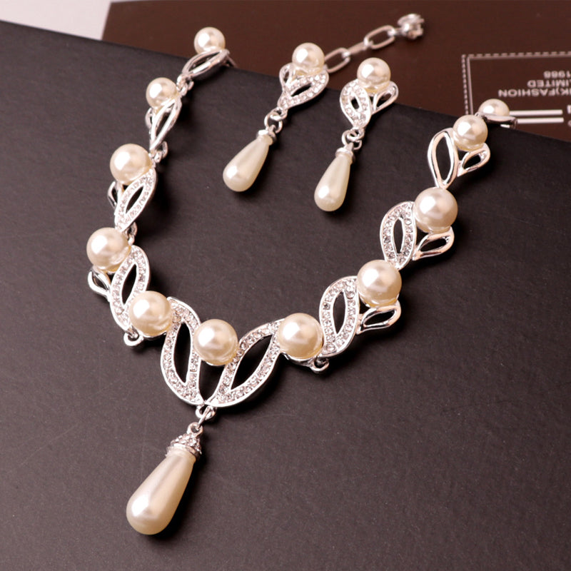 Crystal Diamond Pearl Necklace and Earring Set