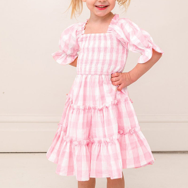 Children's Square Neck Lantern Sleeve Floral Plaid Dress