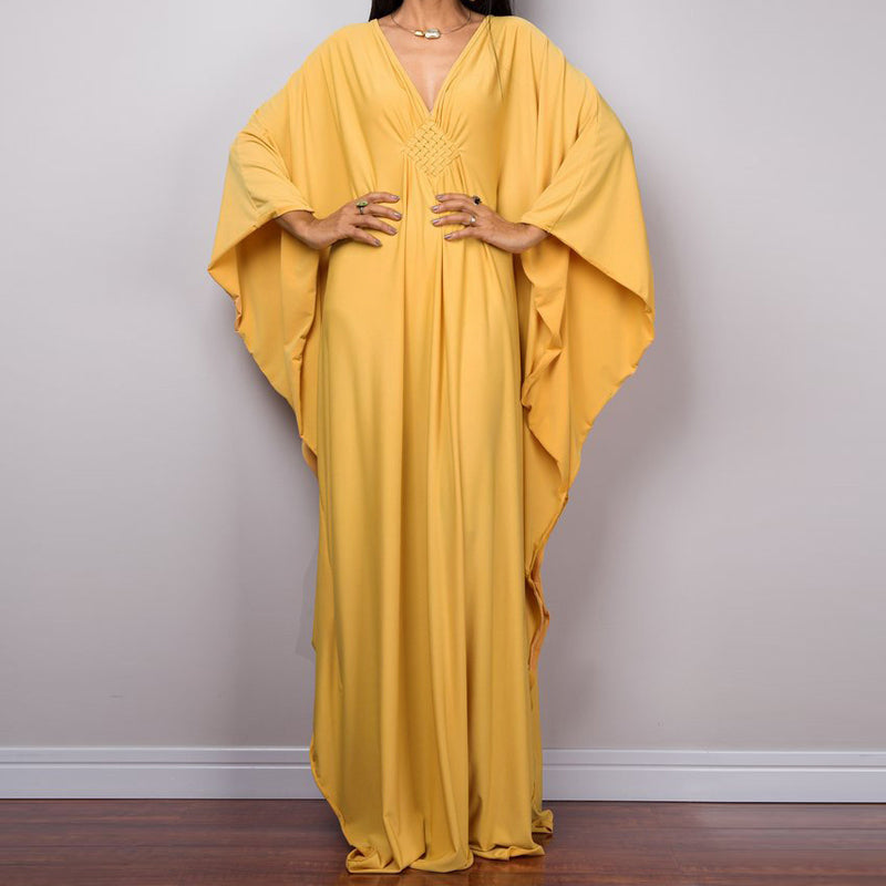 Loose V neck Plus Size Long Solid Color Bikini Cover-Up