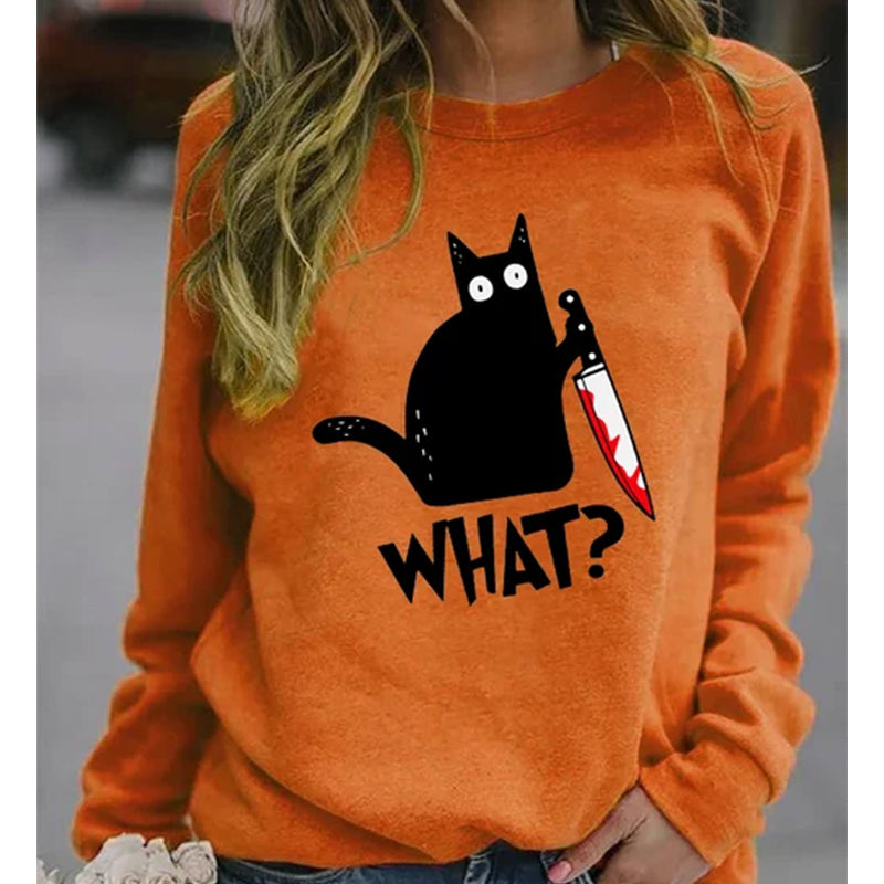 Halloween Fun Print Black Cat Sweatshirt