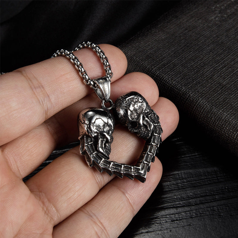 Double Skull Heart Necklace
