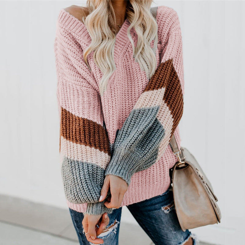 V-Neck Balloon Sleeve Striped Colorblock Knit Sweater