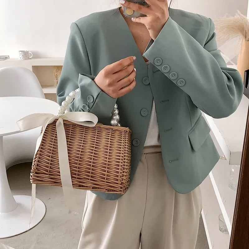 Faux Pearl Handle Straw Square Bag