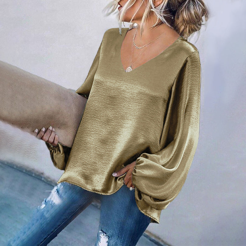 V-Neck Satin Long Sleeve Shirt