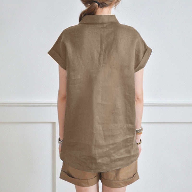 Elegant Loose V-neck Cotton Linen Short Sleeve Shirt
