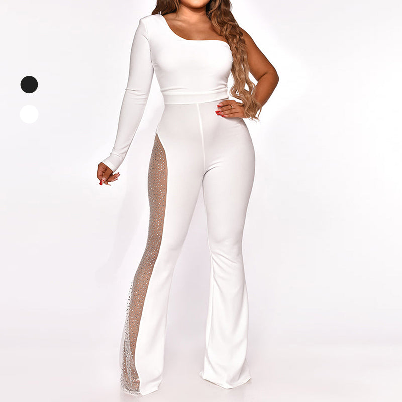 One Shoulder Sequined Mesh Paneled Party Jumpsuit