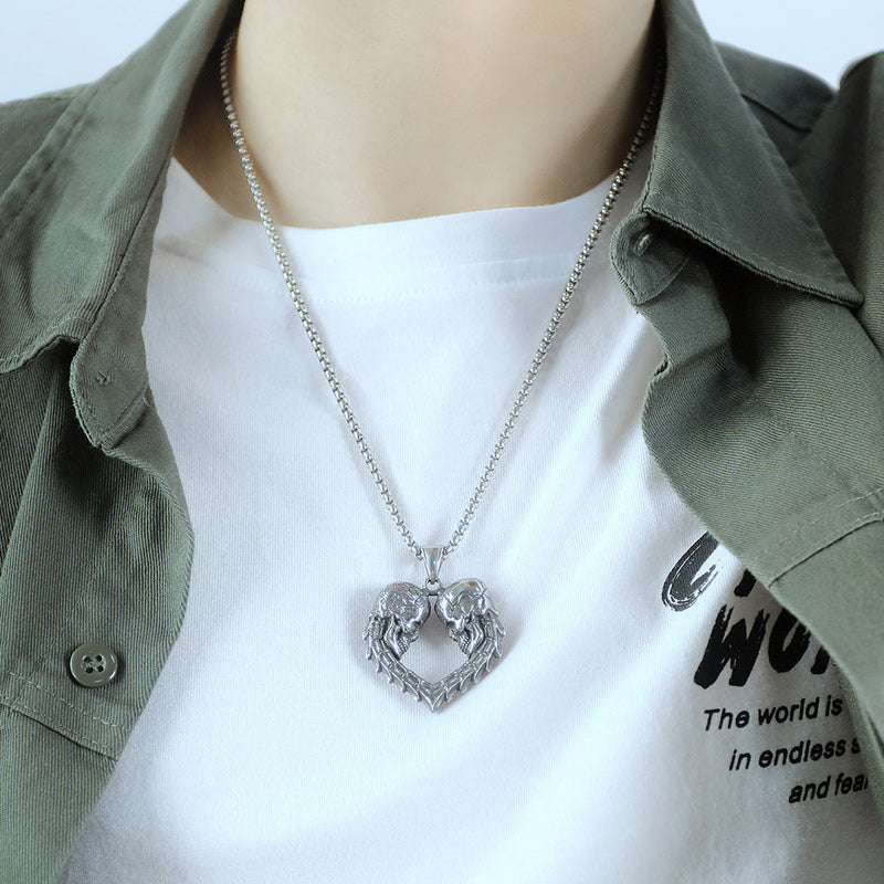 Double Skull Heart Necklace