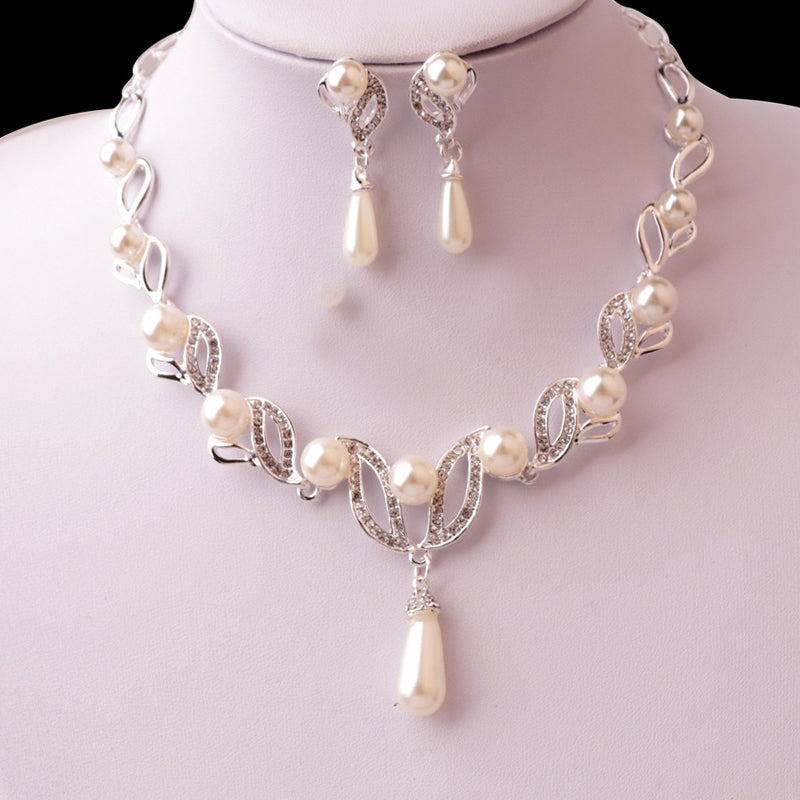 Crystal Diamond Pearl Necklace and Earring Set