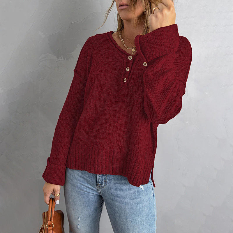 Button Knit Dropped Shoulder Sweater