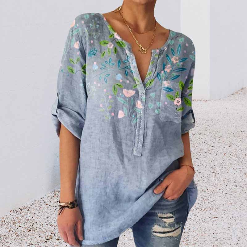 Loose Print V-Neck 3/4 Sleeve Shirt