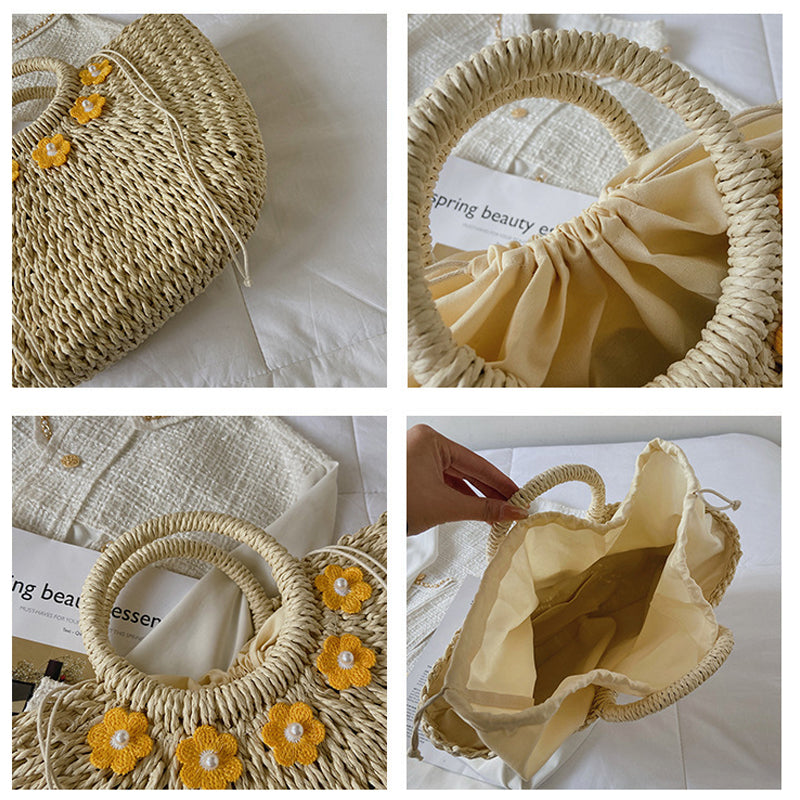 Flower Decor Large Capacity Shell Straw Bag