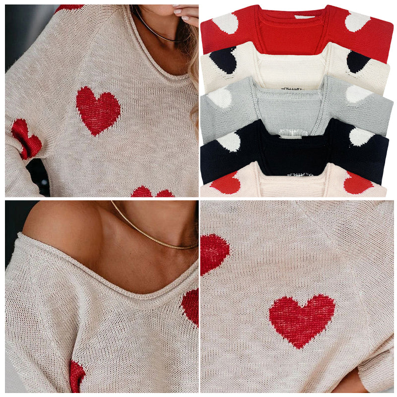 Heart V-Neck Knit Long Sleeve Sweater