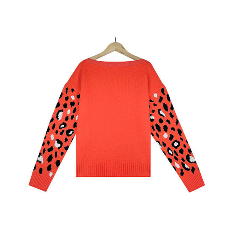 Leopard Print Crew Neck Knit Sweater