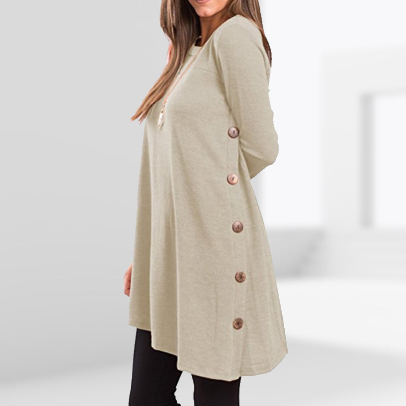 Women's Long Sleeve Scoop Neck Button Side Sweater Tunic Dress