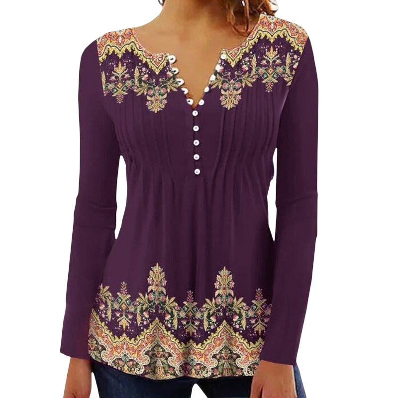 Round Neck Button Print Long Sleeve Top