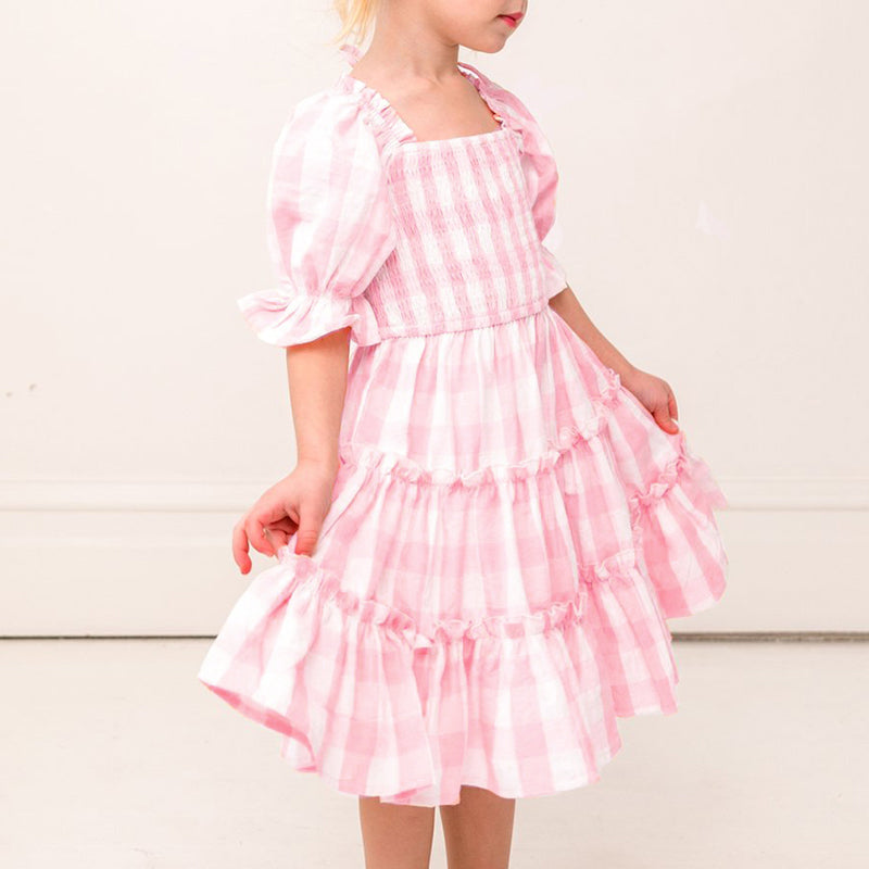 Children's Square Neck Lantern Sleeve Floral Plaid Dress