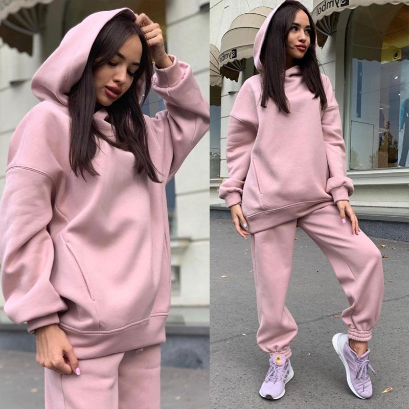 Women's Autumn/Winter Solid Color Hoodie Two Piece Set