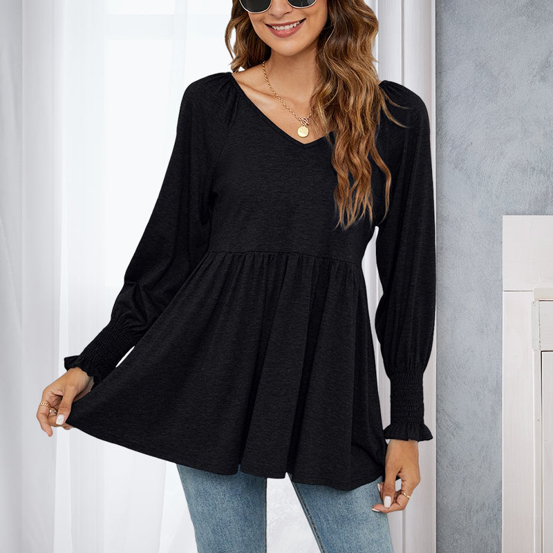 V-Neck Puff Long Sleeve T-Shirt