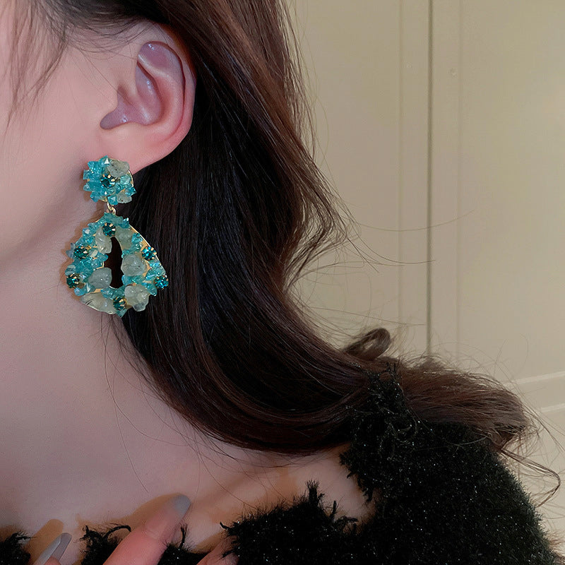 Diamond Encrusted Crystal Fan-Shaped Ginkgo Leaf Earrings