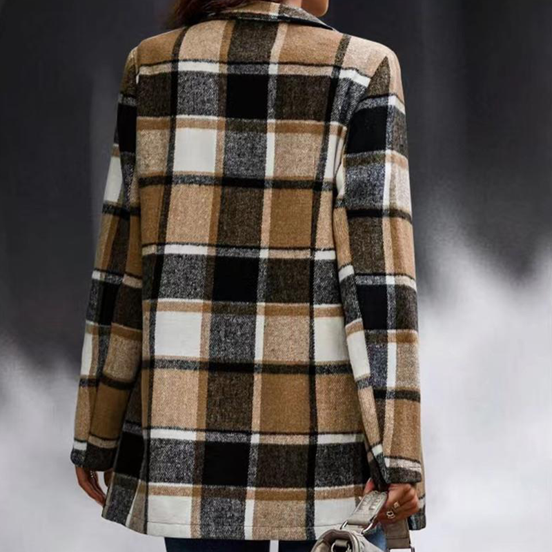 Check Print Long Sleeve Pocket Wool Jacket